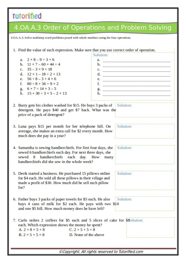 Order Of Operations Common Core Worksheets Order Of Operation Worksheets