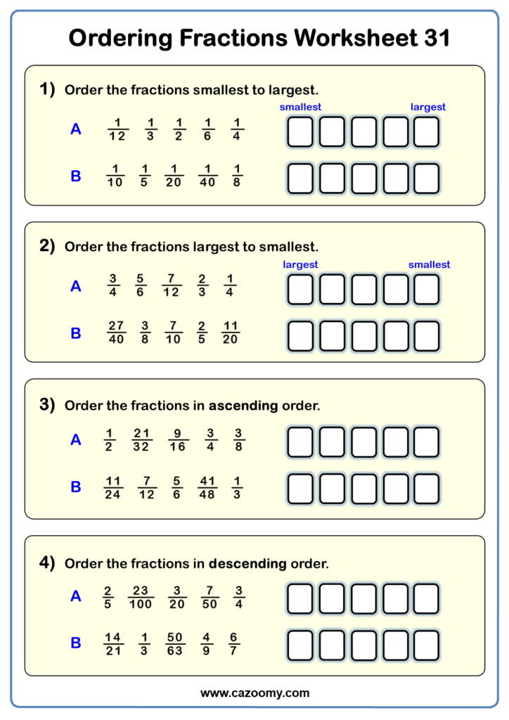 Ordering Fractions And Decimals Worksheet