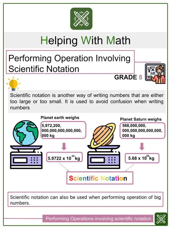 Performing Operations Using Scientific Notation 8th Grade Math Worksheet