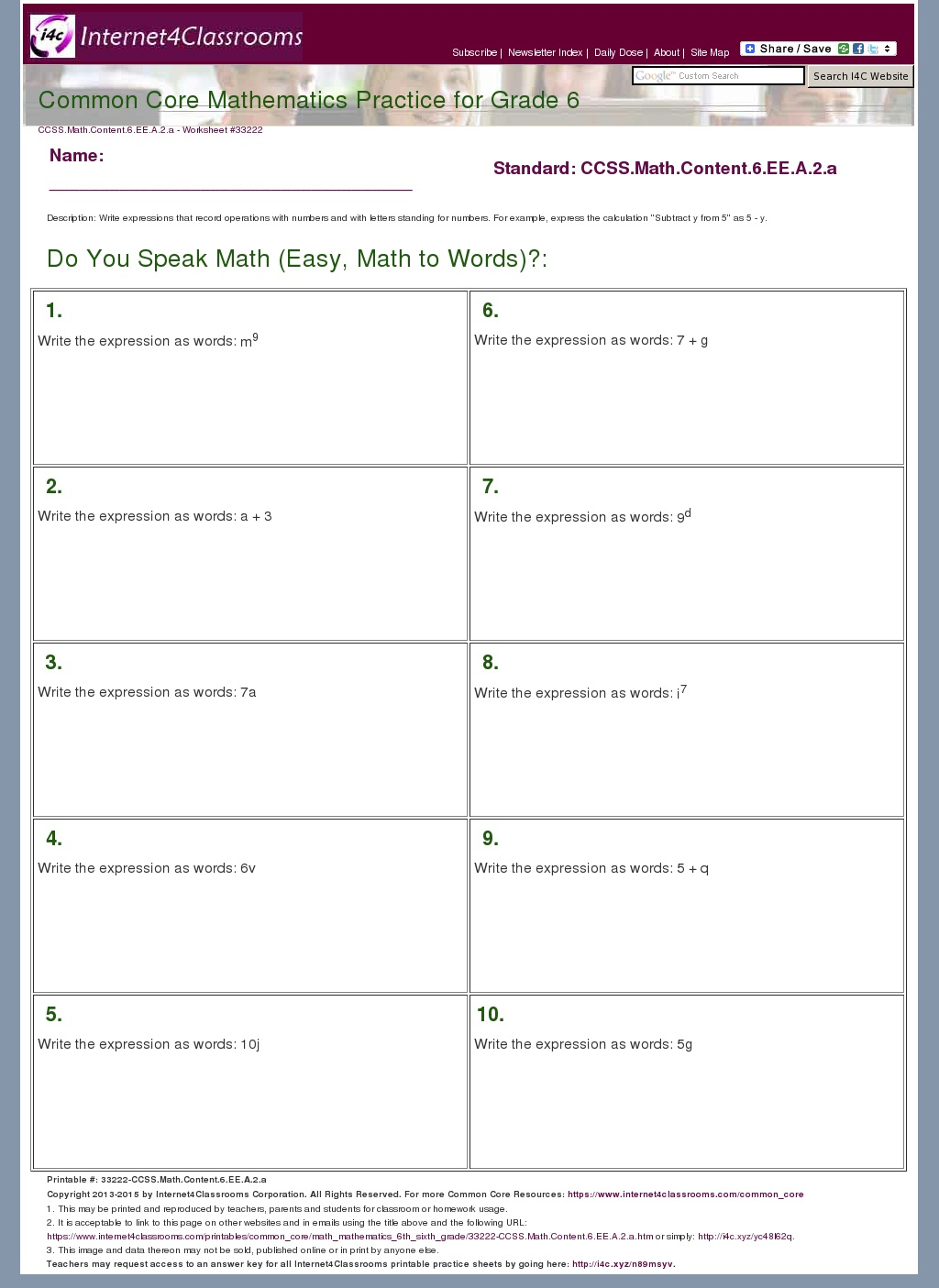 Printable 6th Grade Worksheets