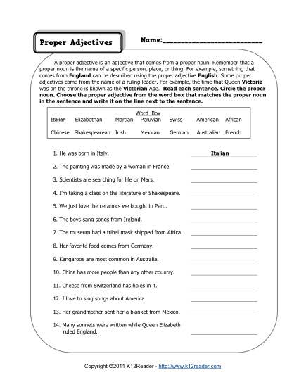 Proper Adjectives 5th Grade Worksheet