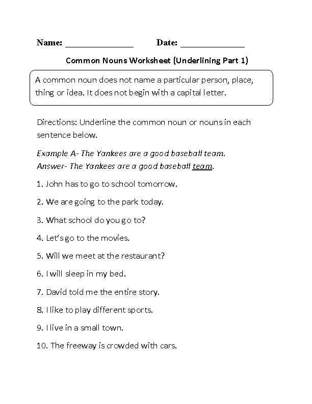 Proper And Common Nouns Worksheets Underlining Common Nouns Worksheet 