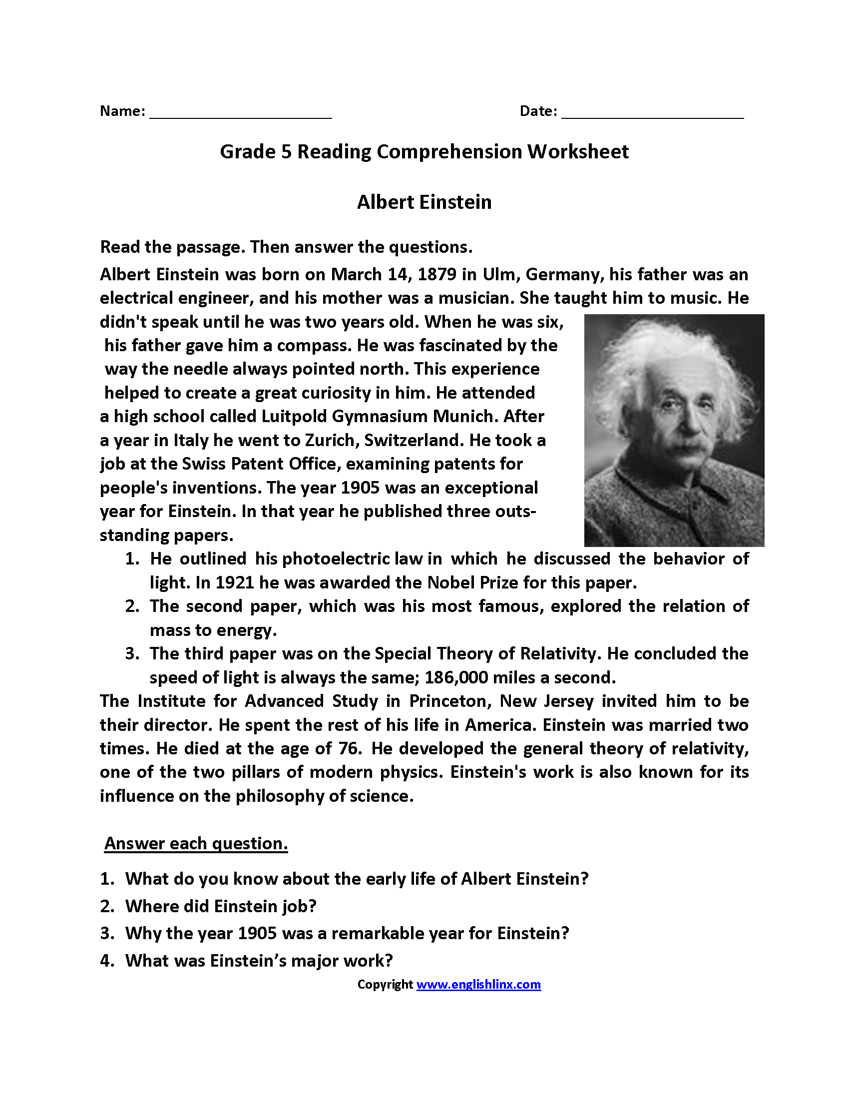 Reading Comprehension Worksheets Free 5Th Grade Kidsworksheetfun