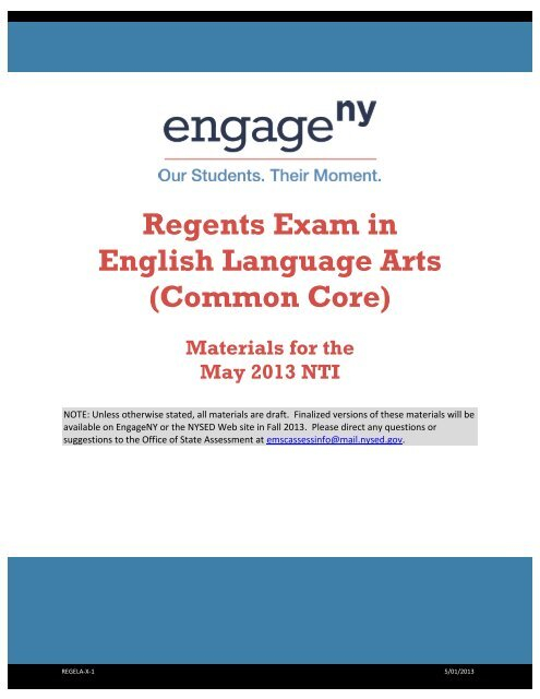 Regents Exam In English Language Arts Common Core EngageNY