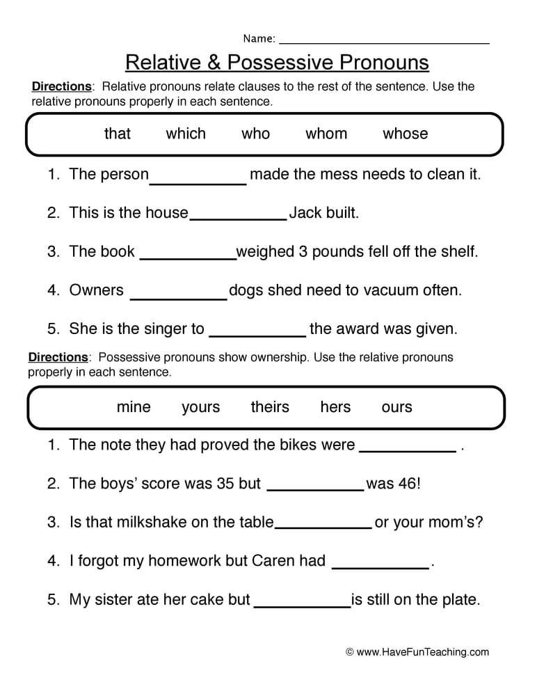 Relative And Possessive Pronouns Worksheet Have Fun Teaching