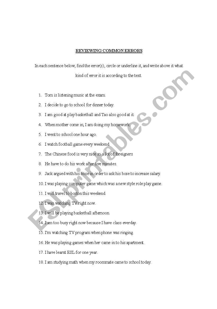 Reviewing Common Errors ESL Worksheet By Mjuno51