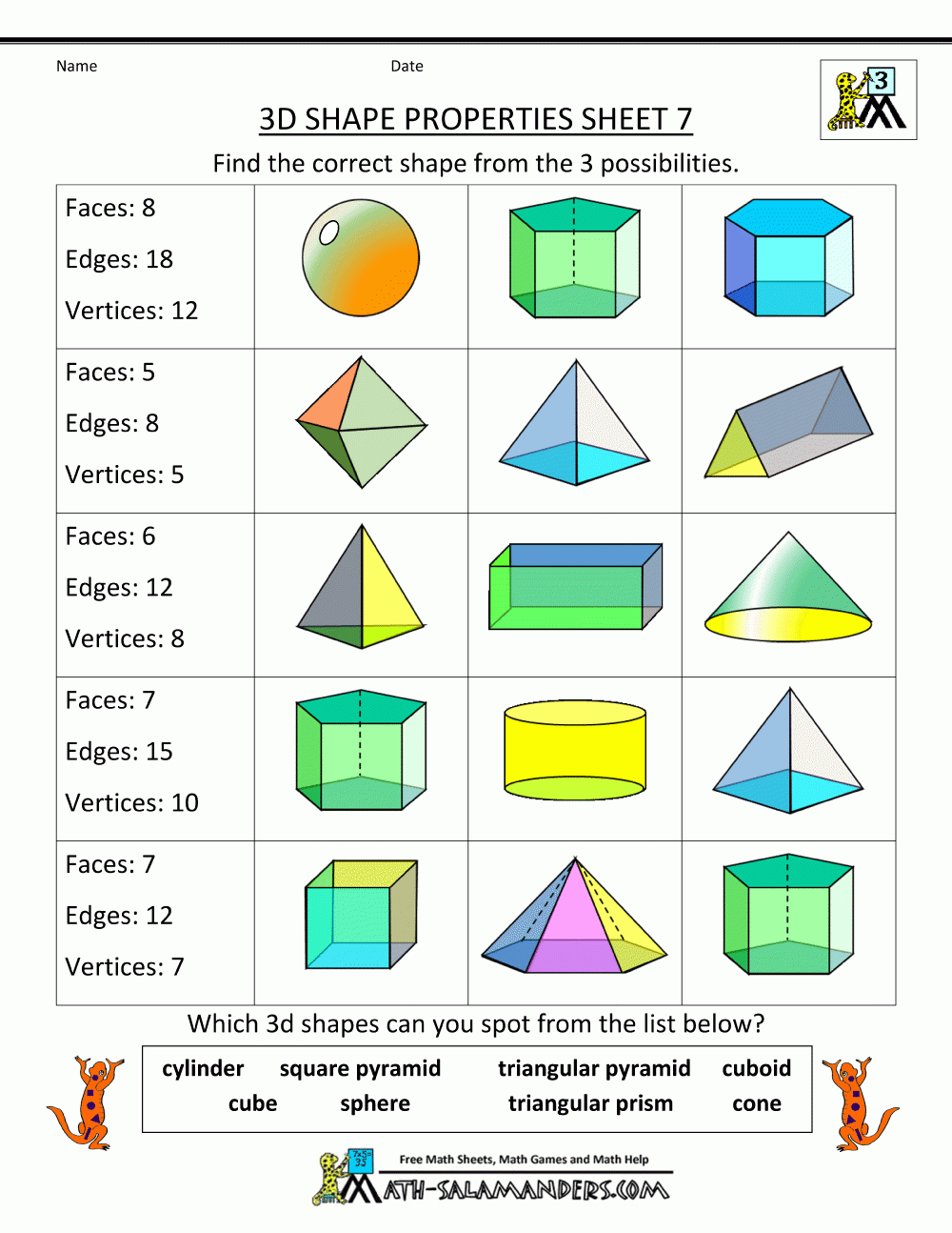 Solid Figures Worksheets With Answers 3d Shapes For Grade 5 Faces 