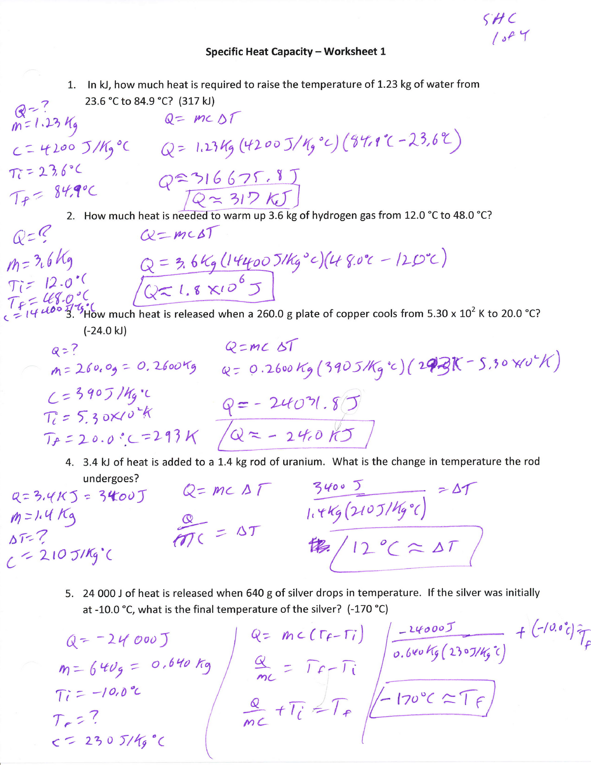 Specific Heat Capacity Worksheet Key Specific Heat Capacity L TL 