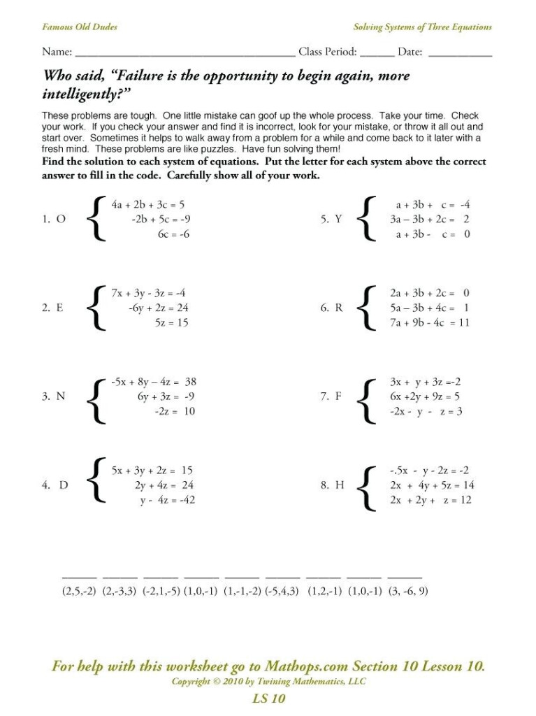 System Of Equation Worksheet Fabad