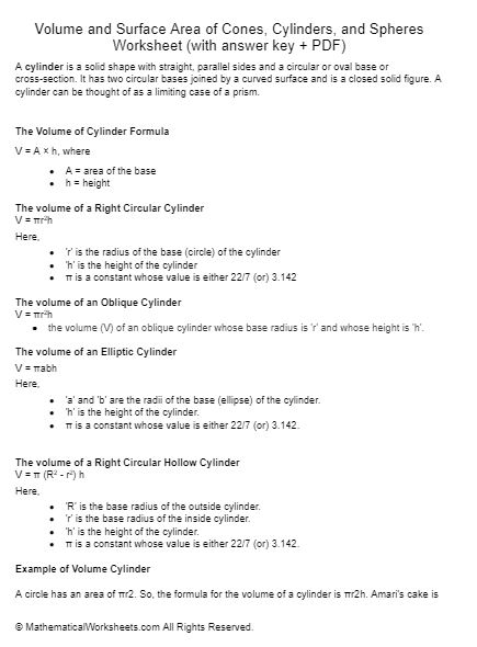 Volume And Surface Area Of Cones Cylinders And Spheres Worksheet 