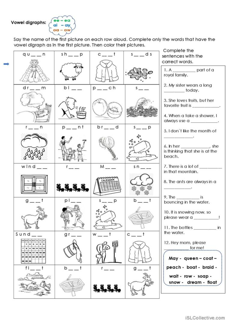 Vowel Digraphs Ee ea Ai ay Oa ow English ESL Worksheets Pdf Doc