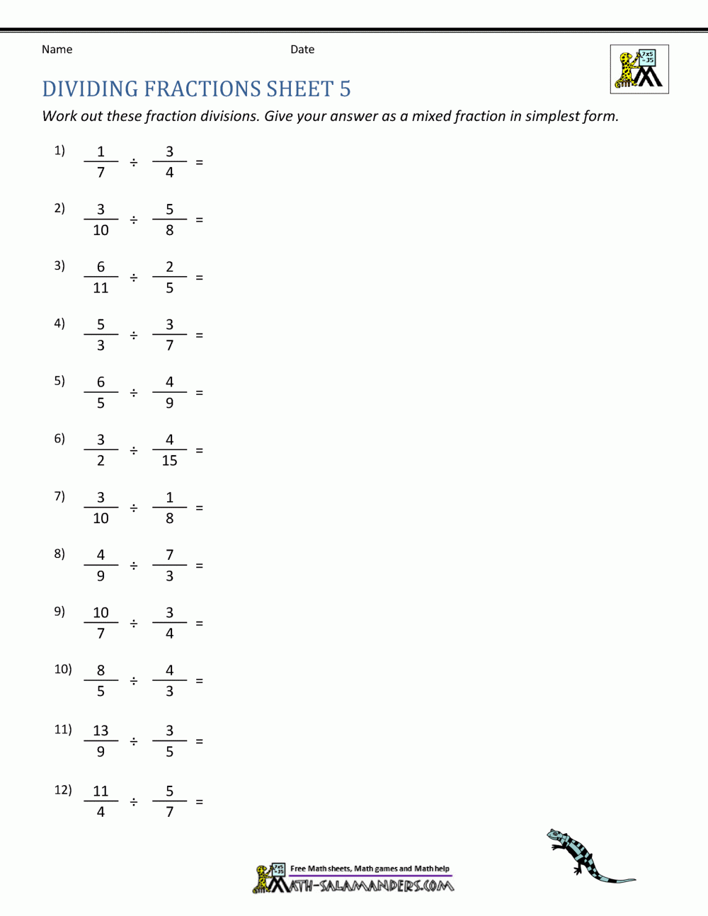 Worksheet Dividing Fractions