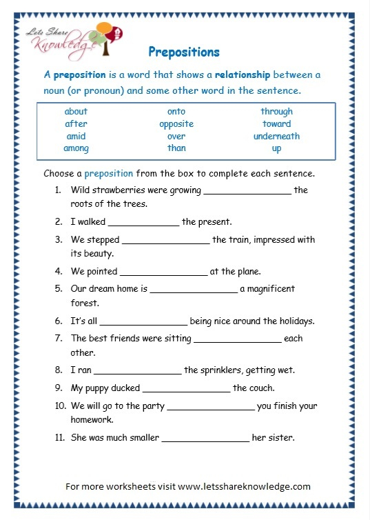Worksheets On Prepositions For Grade 10 Preposition Worksheets