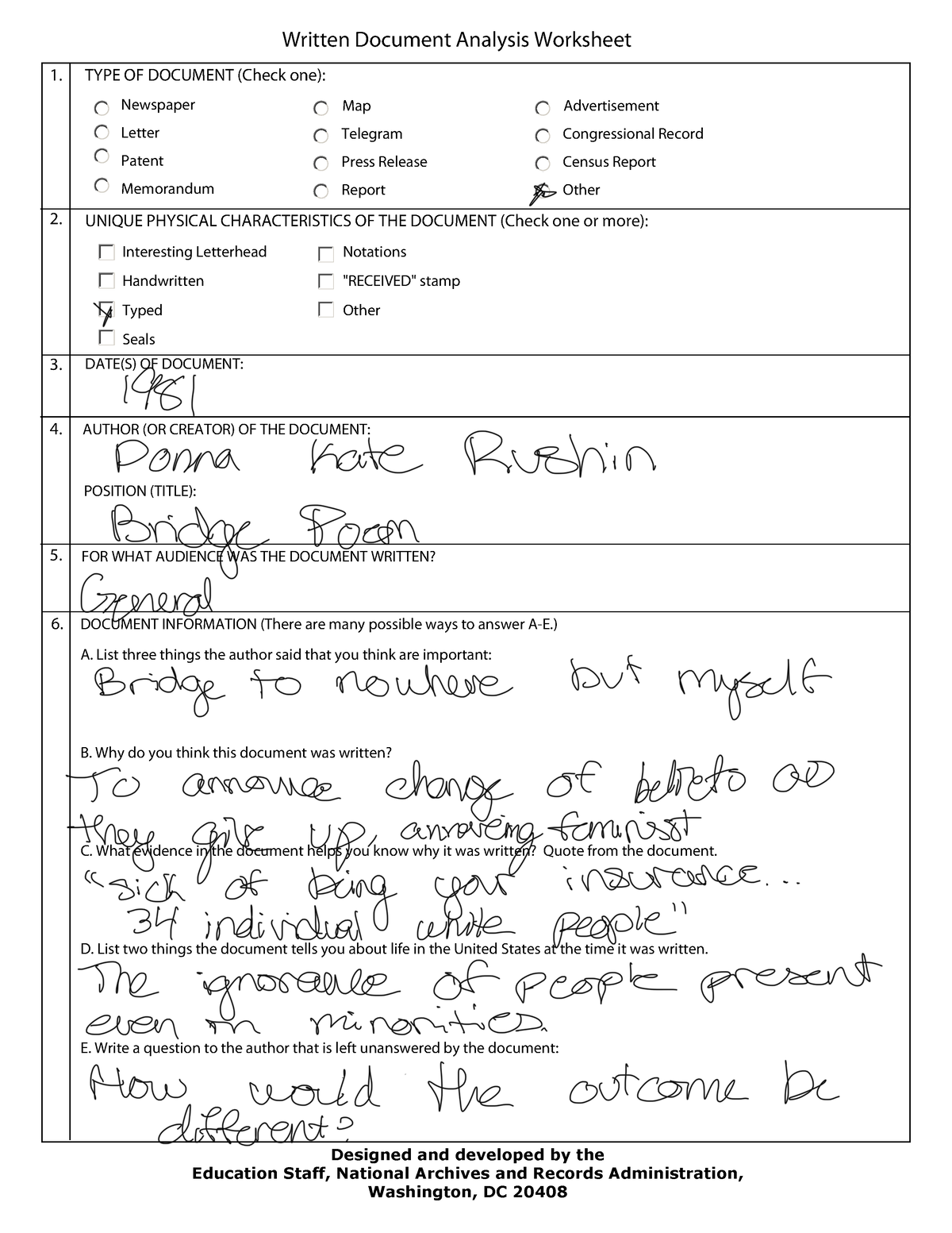 Written Document Analysis Worksheet Former 1 TYPE OF DOCUMENT Check 